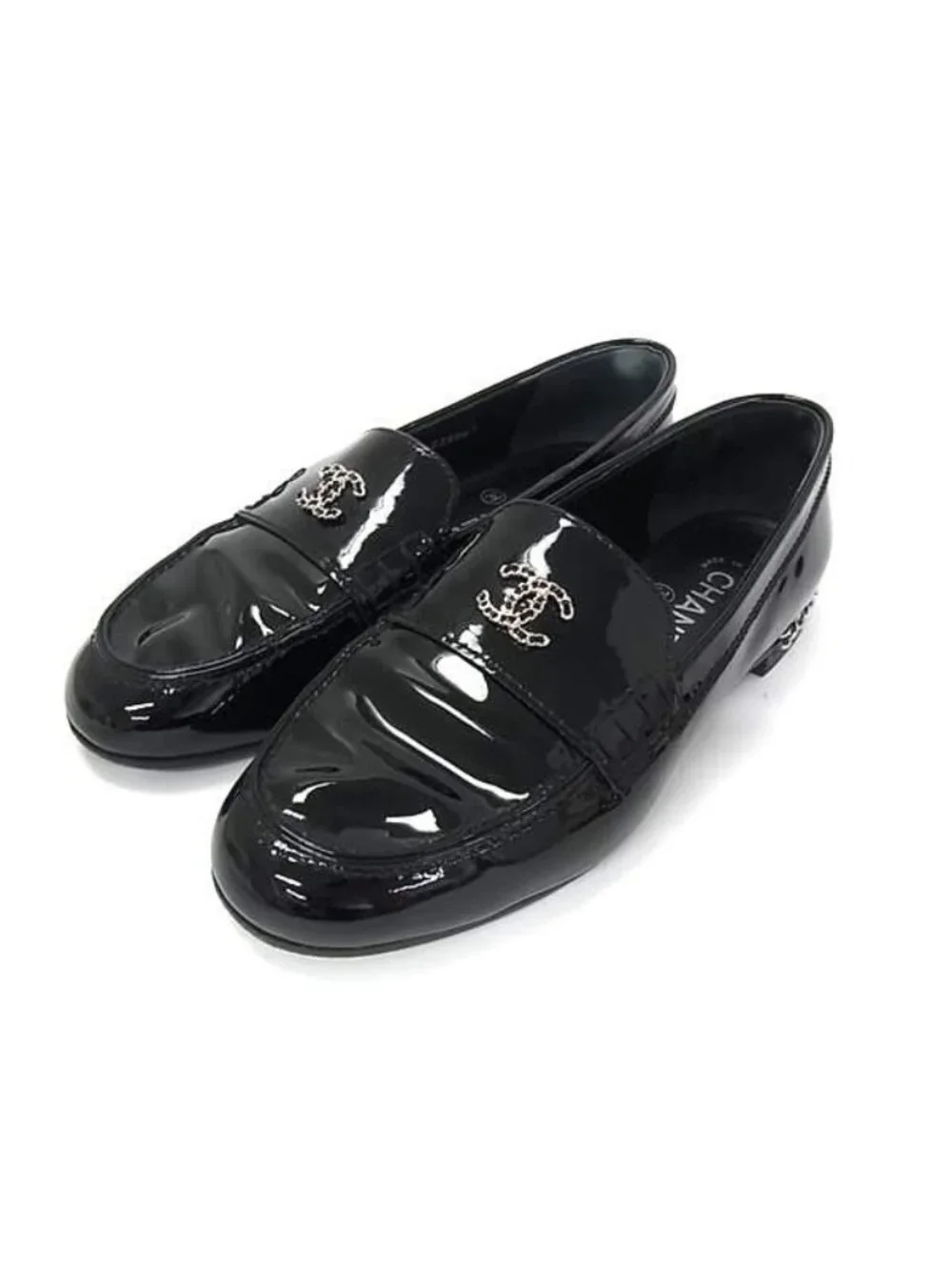 Chanel CC Logo Chain Patent Leather Loafers Shoes Black